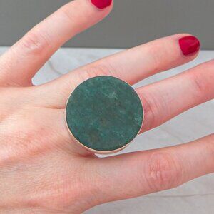 Large Sterling Silver & Aventurine Modernist Ring (Size 7.75)